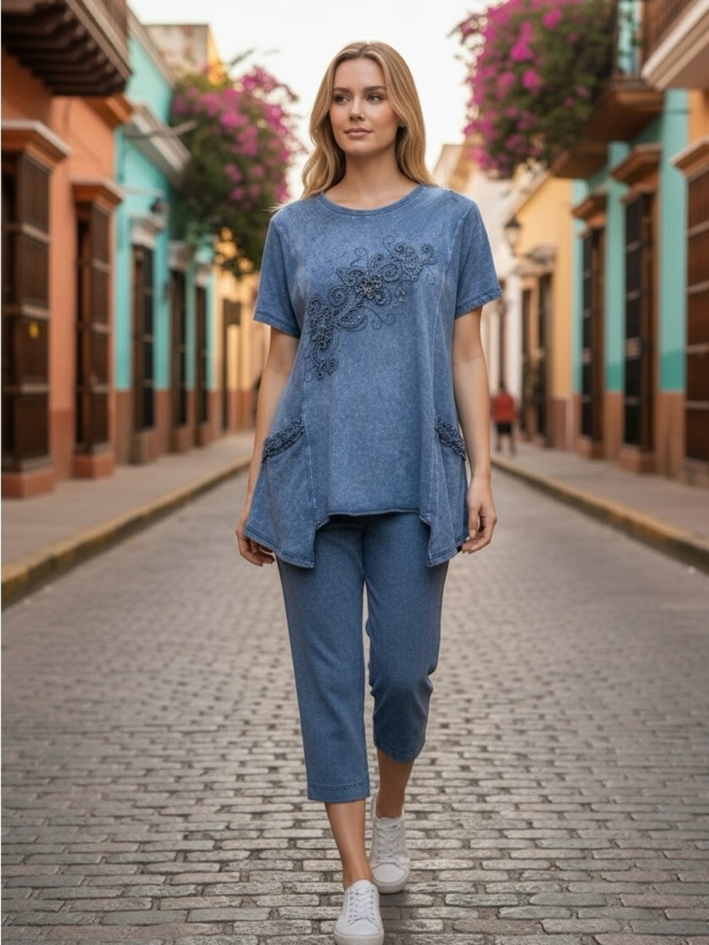 Romeo & Life Cotton Indigo Blue Tunic Capri Set Size L